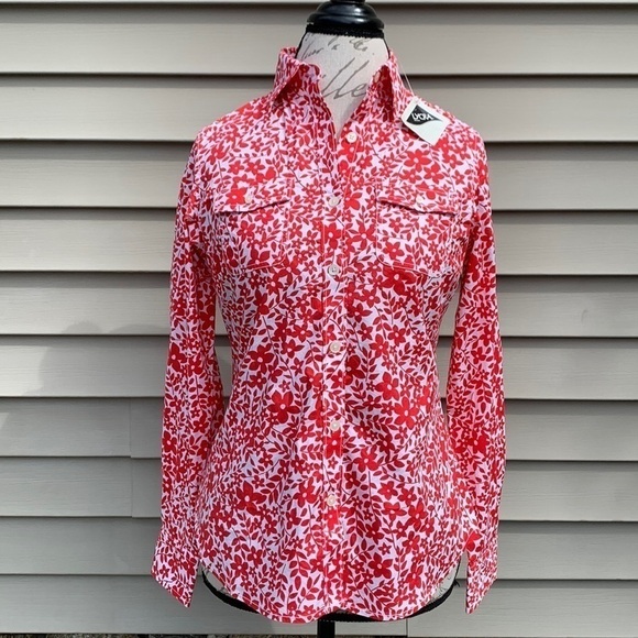 L.l. Bean Floral Print Cotton/Lycra Button Down Shirt - Red/White - Picture 1 of 13